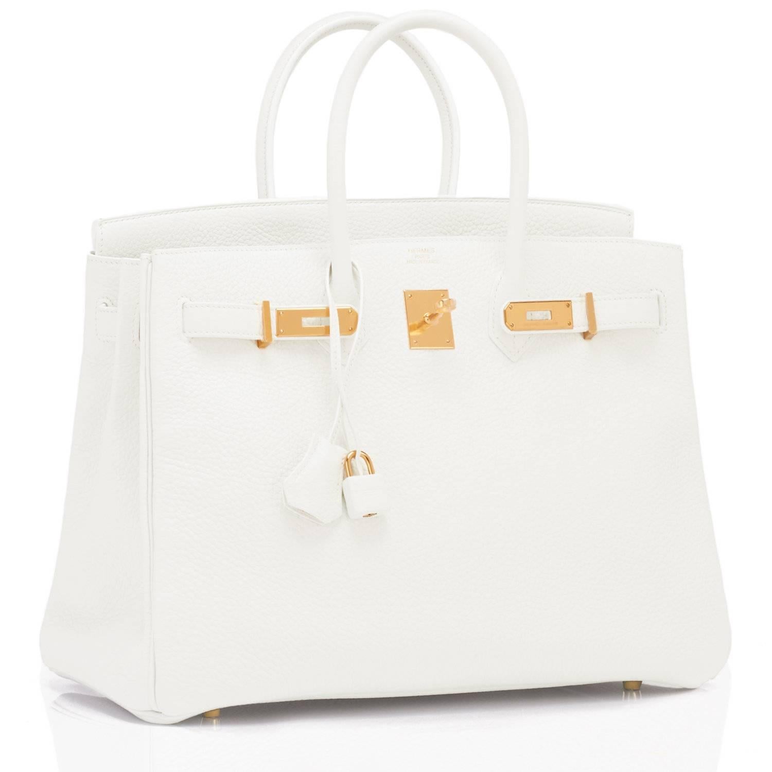 Hermes White 35cm Leather Birkin Gold Hardware New 
X Stamp.  Brand New in Box.  Store fresh. Pristine condition (with plastic on hardware). 
Perfect gift! Comes full set with keys, lock, clochette, a sleeper for the bag, rain protector, Hermes
