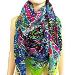 Hermes Au Pays des Oiseaux Fleurs Cashmere Silk Shawl Scarf GM Fluo Green