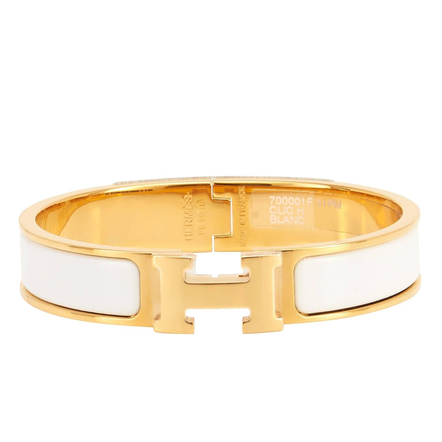 Hermes White Clic Clac H Yellow Gold Enamel Bangle Narrow Bracelet PM