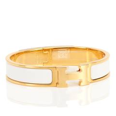 Hermes Weiß Clic Clac H Gelbgold Emaille Armreif Schmales Armband PM