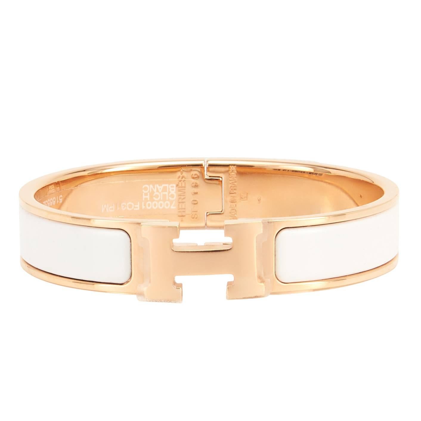 Hermes White Clic Clac H Rose Gold Enamel Bangle Narrow Bracelet PM