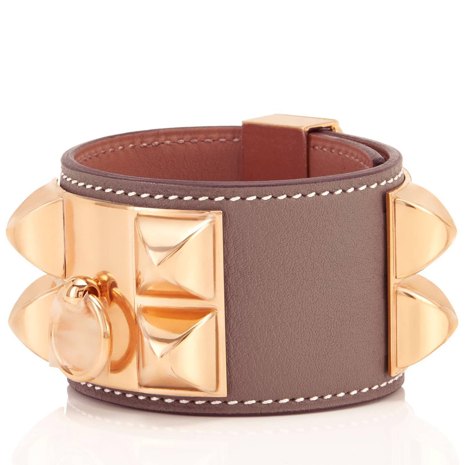 Hermes Etoupe Collier de Chien CDC Cuff Bracelet Taupe Rose Gold Hardware
DIVINE!  Etoupe with Rose Gold is new and an absolutely fabulous combination!
Brand new in box.  Store fresh coming with velvet pouch and Hermes box.  
Lusciously PILLOWY