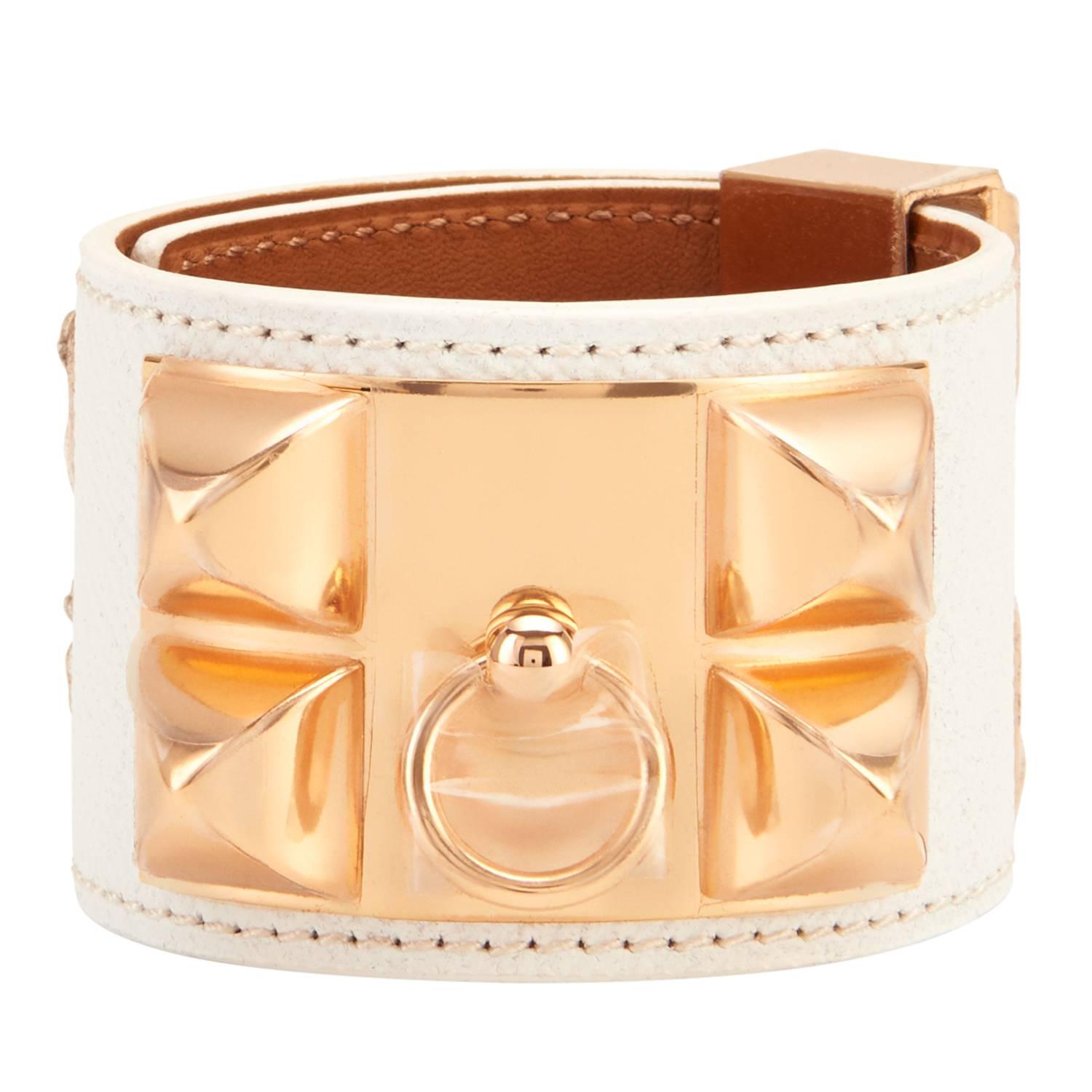 Hermes White CDC Collier de Chien Epsom Cuff Bracelet Gold Hardware