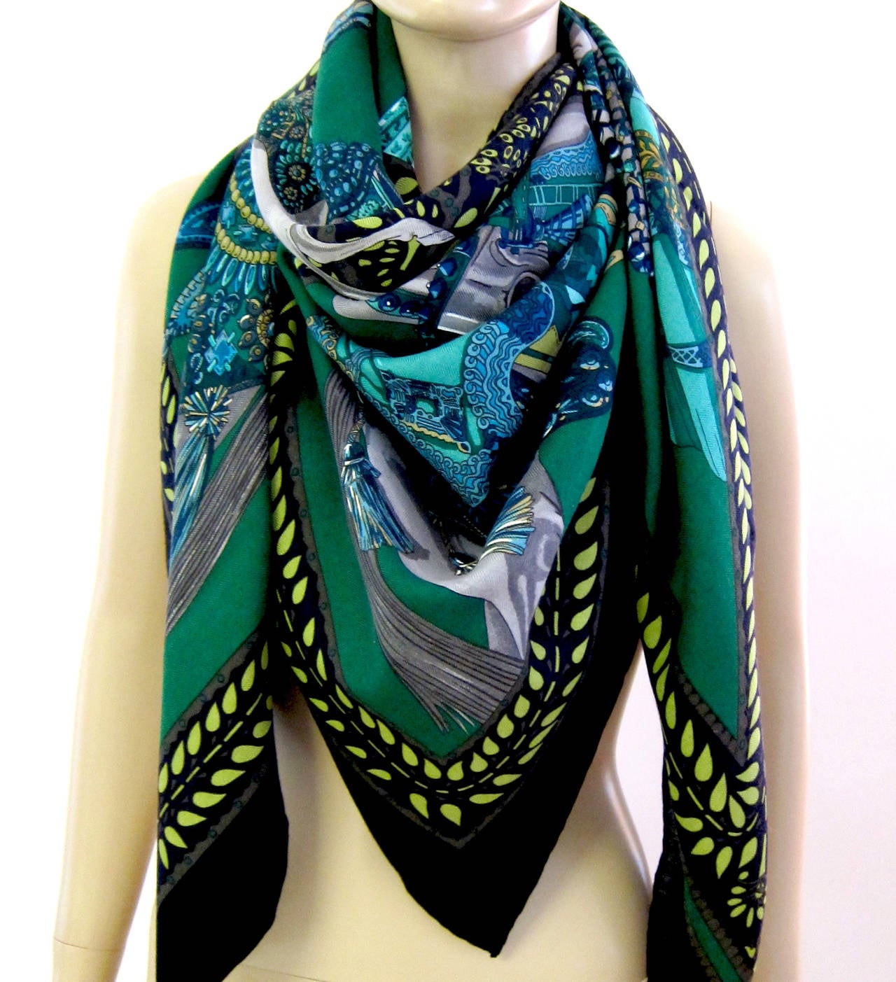 Hermes La Danse du Cheval Marwari Green Black Cashmere Silk GM Shawl at ...