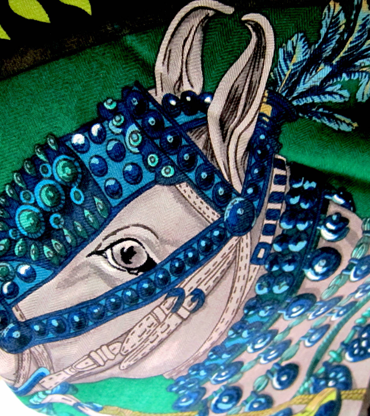 Hermes La Danse du Cheval Marwari Green Black Cashmere Silk GM Shawl 1