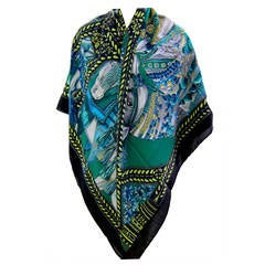 Hermes La Danse du Cheval Marwari Green Black Cashmere Silk GM Shawl