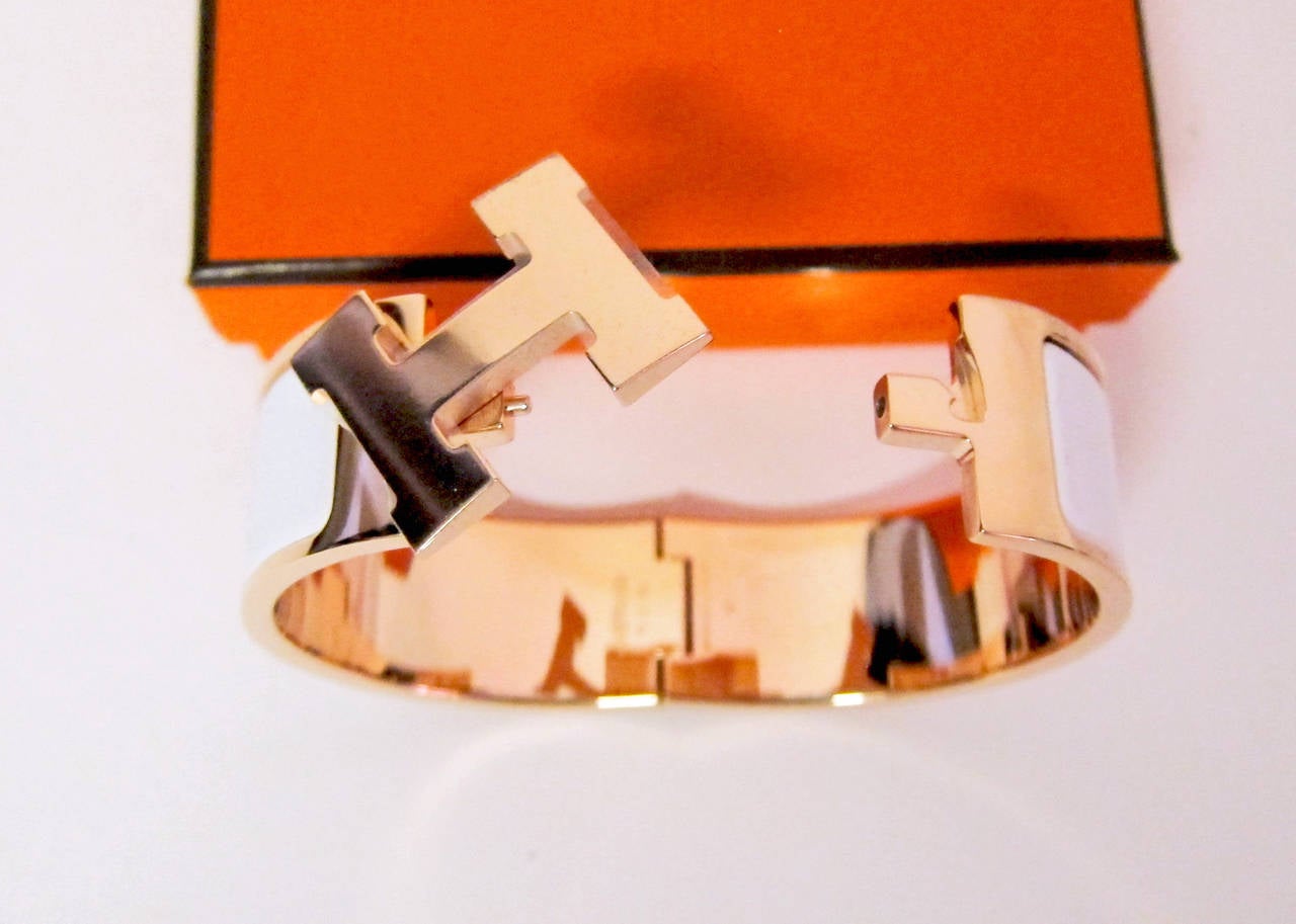 Hermes White with Rose Gold Clic Clac Enamel Bracelet PM Wide Dreamy! 2