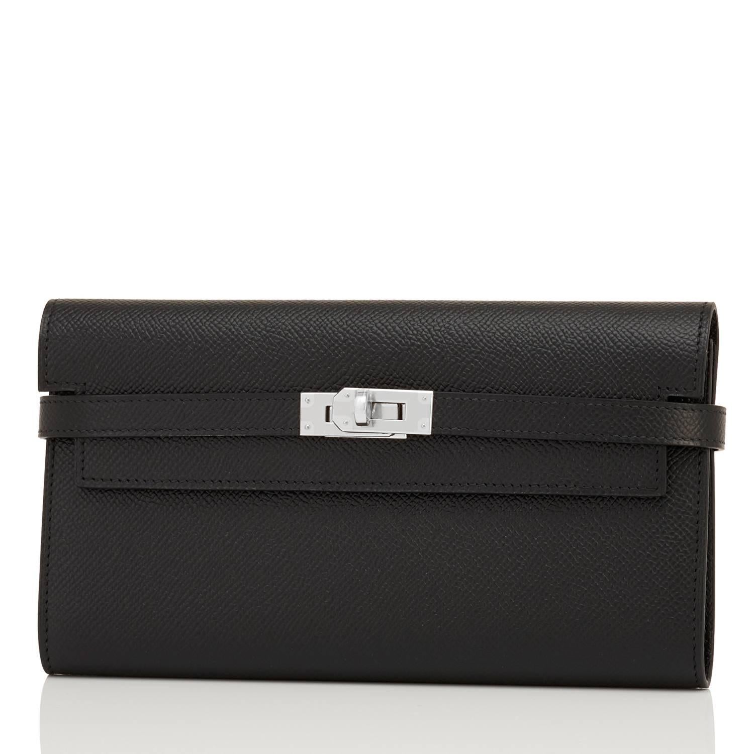 Women's or Men's Hermes Black Kelly Long Wallet Epsom Palladium Hardware Chic