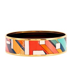 Hermes Orange Futurisme Printed Gold Enamel Bangle 70 Bracelet 