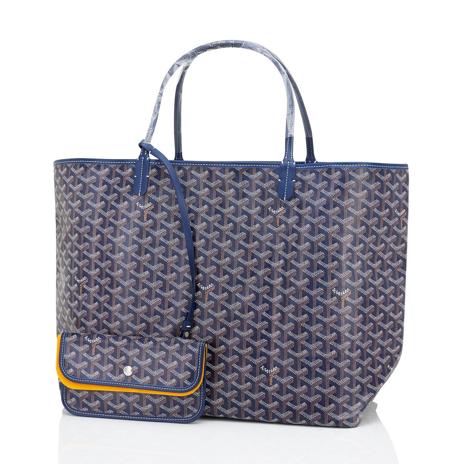 Goyard Bleu Marine Navy Blue St Louis GM Chevron Tote Bag 
Brand New. Store Fresh. Pristine Condition (with plastic on handles) 
Perfect gift! Comes with yellow Goyard sleeper and inner organizational pochette. 
This is the famous Goyard Chevron
