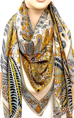 Hermes Mughal Garden and Nature Jaune Yellow Grey Cashmere Silk Shawl Scarf GM