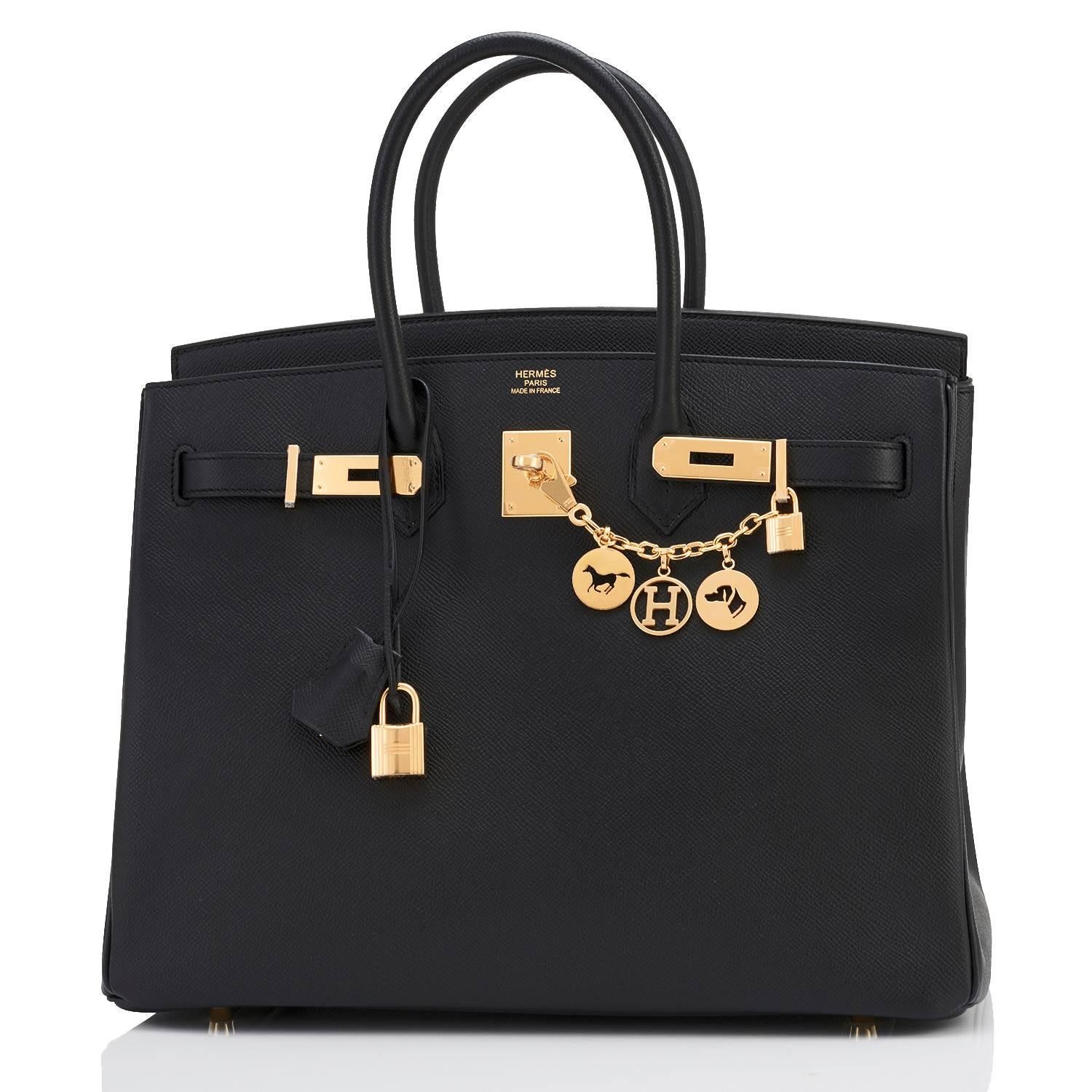 Hermes Black 35cm Birkin Gold Hardware Epsom Bag Power Birkin
Brand new in box. Store Fresh.  Pristine condition (with plastic on hardware).
Perfect gift! Comes with keys, lock, clochette, a sleeper for the bag, rain protector, and orange Hermes