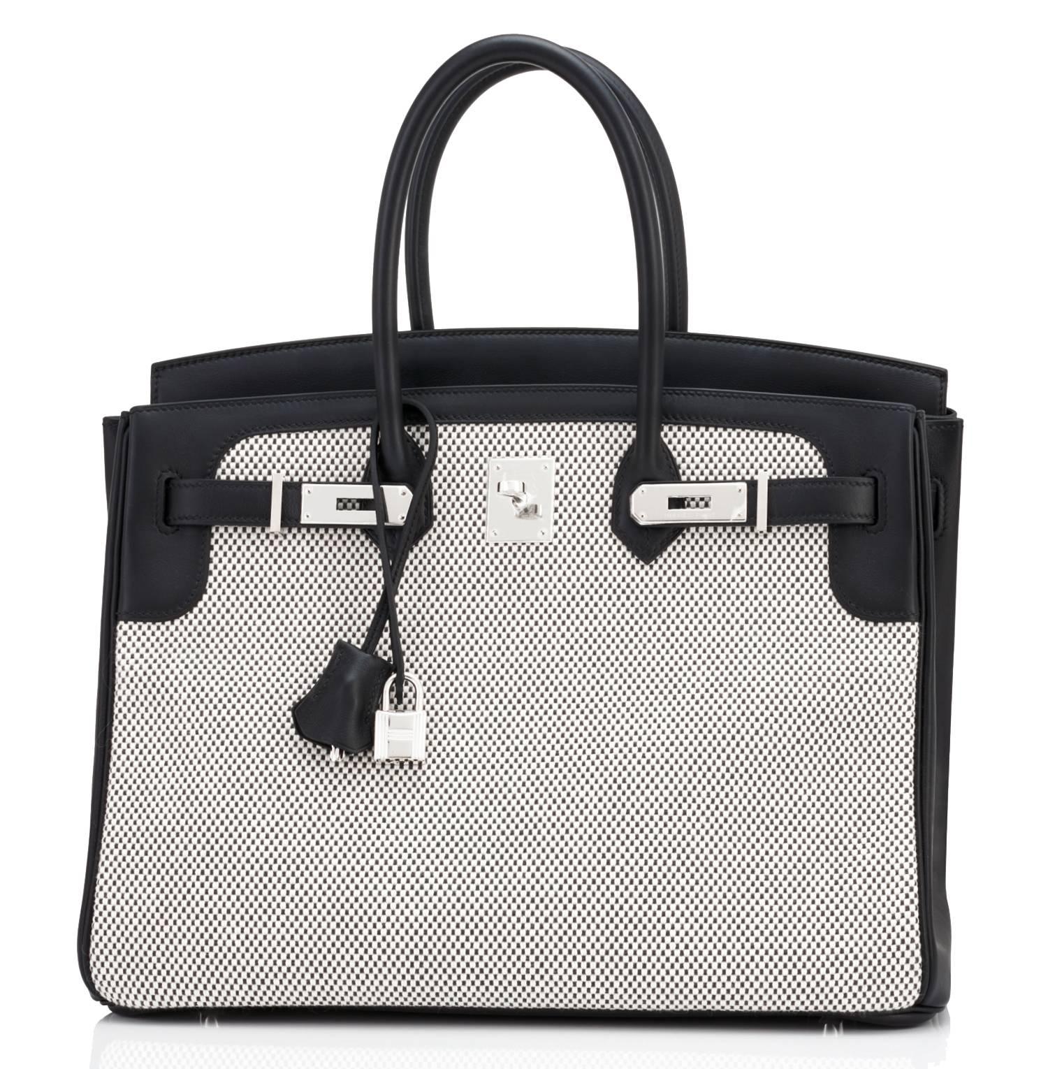 Hermes Black Swift Leather Criss Cross Ecru Graphite Toile 35cm Birkin 
Brand New in Box. Store fresh. Pristine condition (with plastic on hardware). 
Perfect gift! Comes full set with keys, lock, clochette, a sleeper for the bag, rain protector,