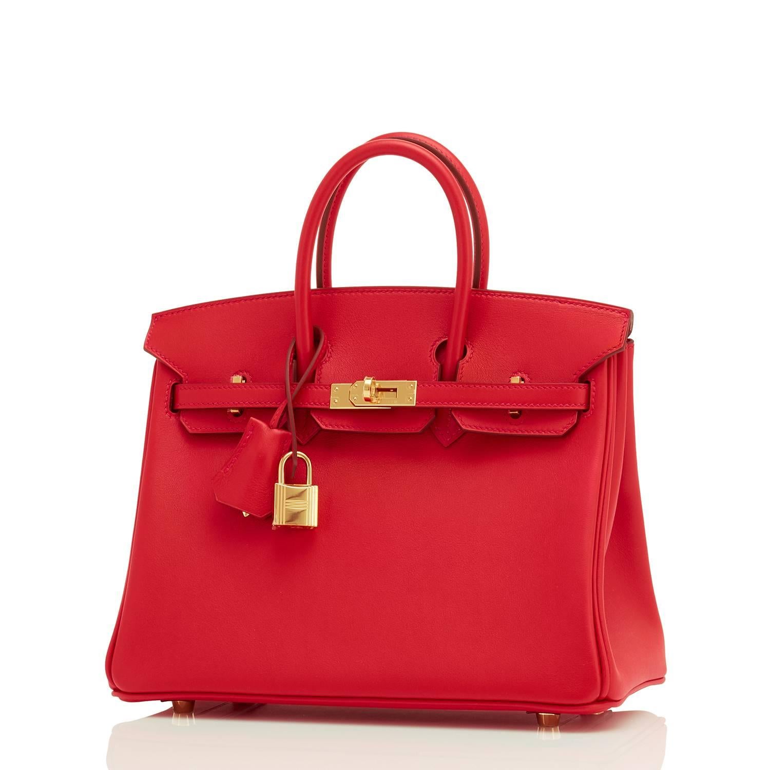 Hermes Vermillion Lipstick Red 25cm Swift Birkin Gold Hardware Jewel
Brand New in Box.  Store Fresh. Pristine Condition (with plastic on hardware)
Comes full set with keys, lock, clochette, a sleeper for the bag, rain protector, and Hermes