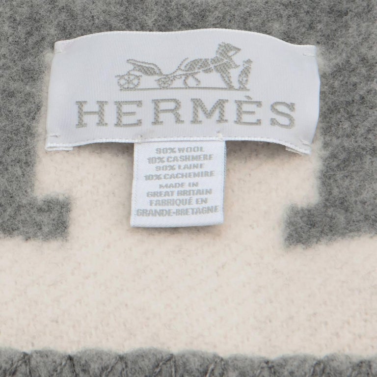 Hermes Avalon Merino Wool Cashmere Throw Blanket Ecru Light Gray at