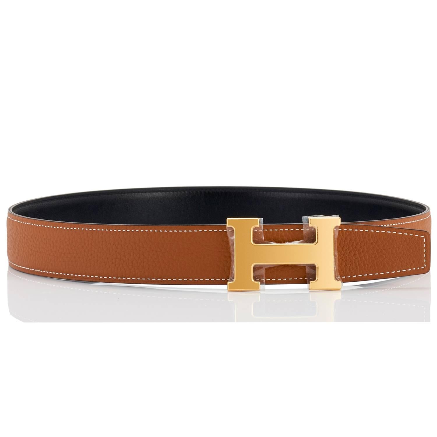Hermes Gold Tan and Black Reversible H 32mm Belt Kit Gold Buckle 85cm In New Condition In New York, NY