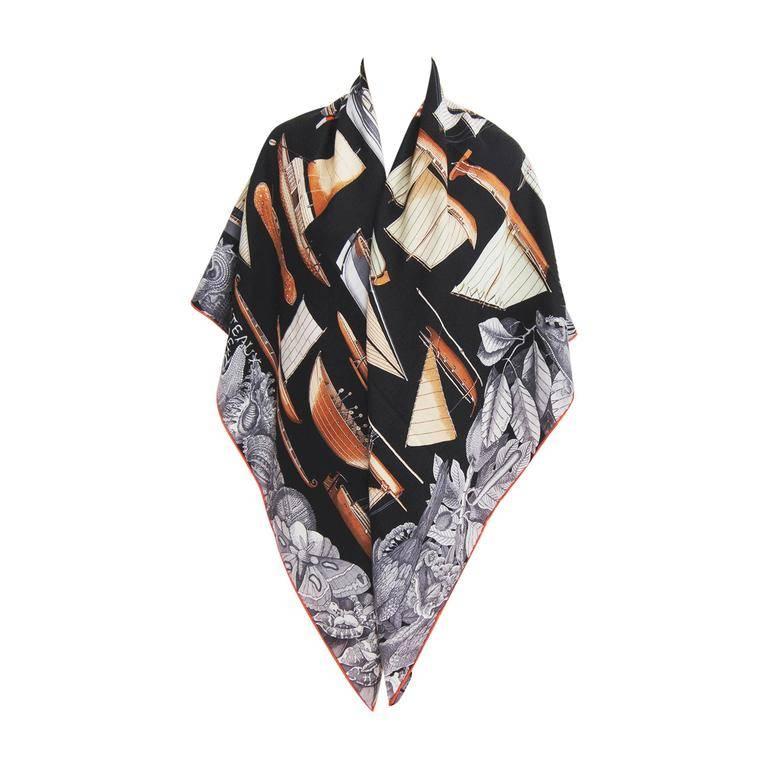 Hermes Tous Les Bateaux du Monde Noir Cashmere Silk Shawl Scarf Magnificent  at 1stDibs | tous scarf