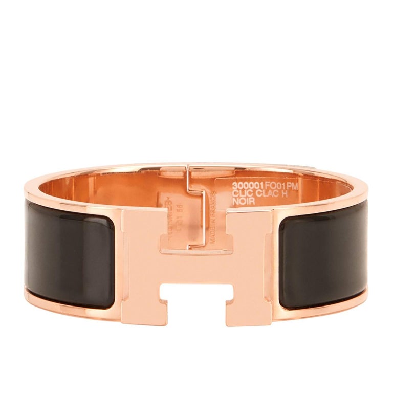 Hermes Black Clic Clac Rose Gold Enamel Bangle Wide Bracelet PM at