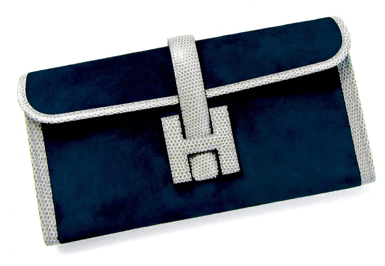 Hermes Blue Ocean Doblis Gris Fonce Lizard Trim Jige Elan  29cm Unisex Clutch