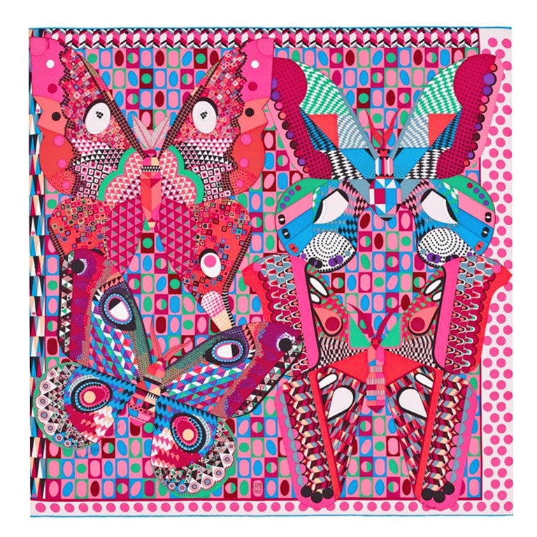 Hermes Les Ailes de la Soie Silk Scarf Carre 90cm Pink Blue