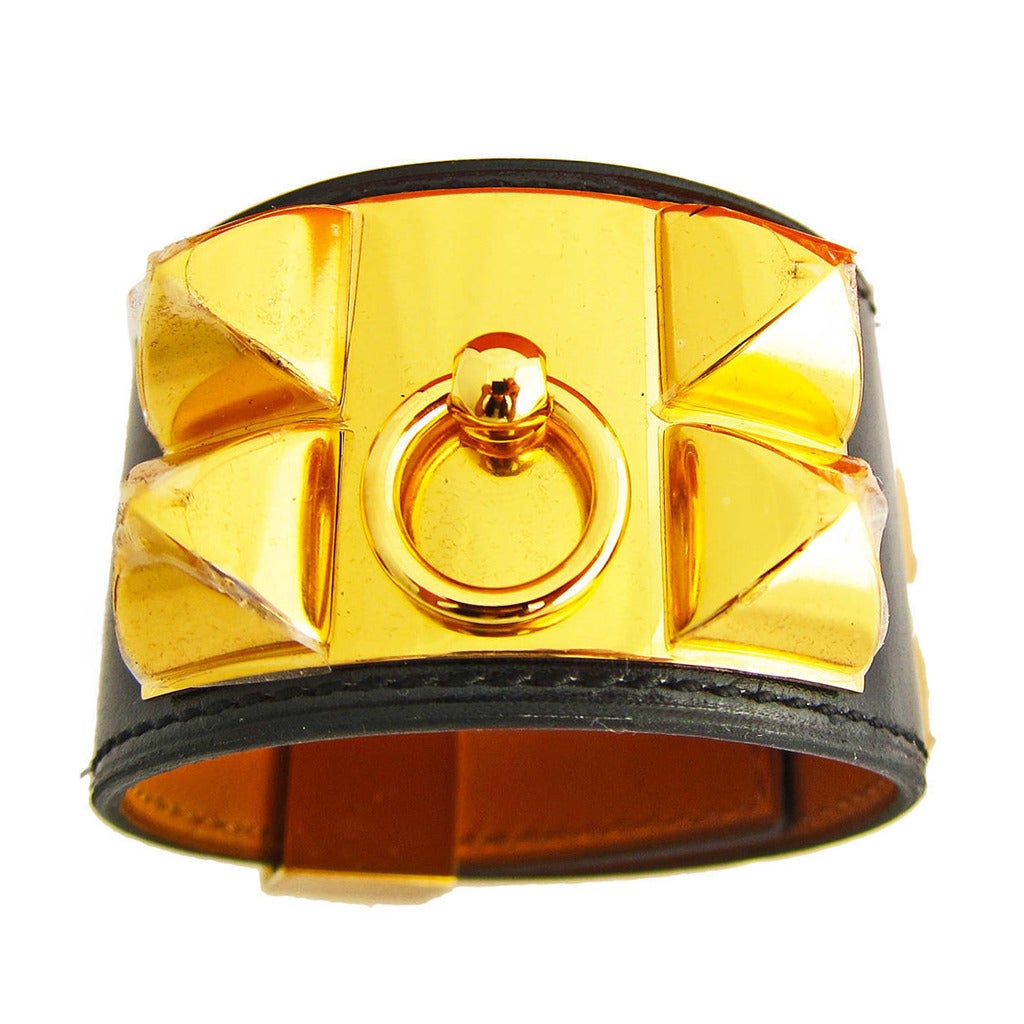 Editor's Fave Hermes Black Box Leather Collier de Chien CDC Bracelet Gold