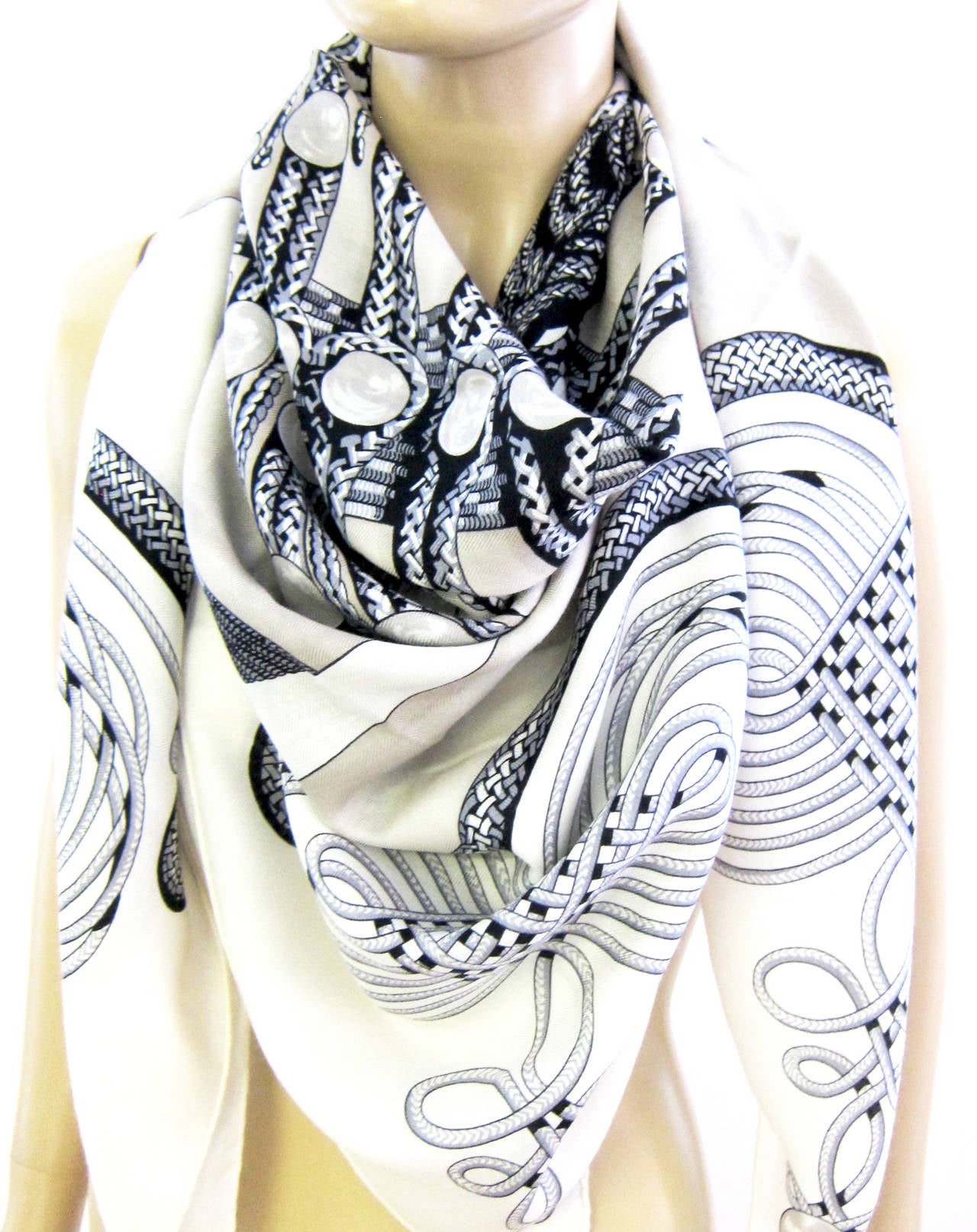 Hermes Brandebourgs Cashmere Silk Shawl GM 140cm White Black Mastic 2