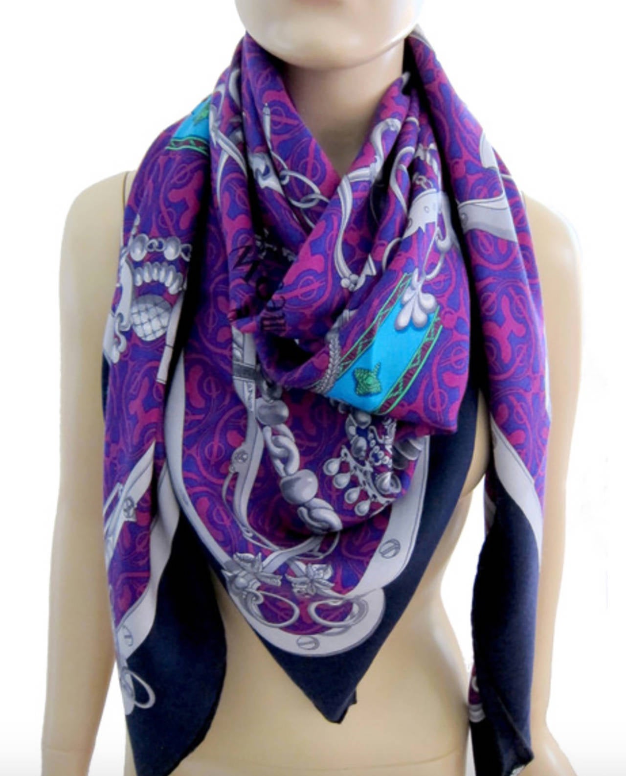 Women's Hermes Mors et Gourmettes Remix Marine Violet Turquoise Cashmere Silk Shawl GM