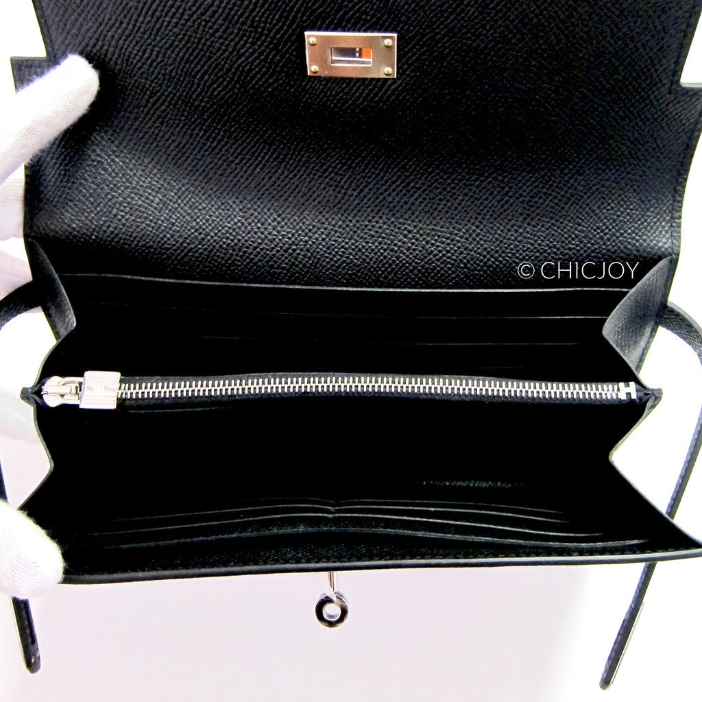 Women's or Men's Hermes Black Epsom Kelly Long Leather Wallet Clutch Palladium PHW Most Requested