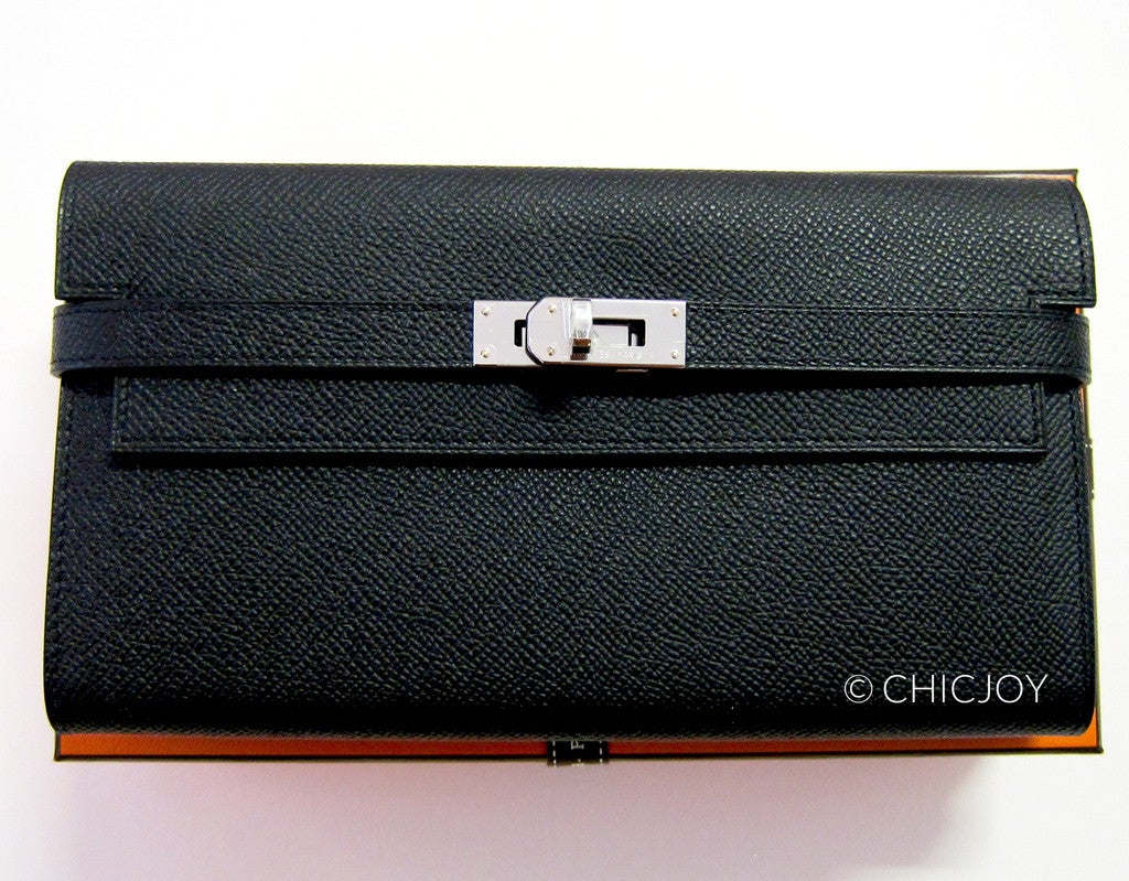 Hermes Black Epsom Kelly Long Leather Wallet Clutch Palladium PHW Most Requested In New Condition In New York, NY