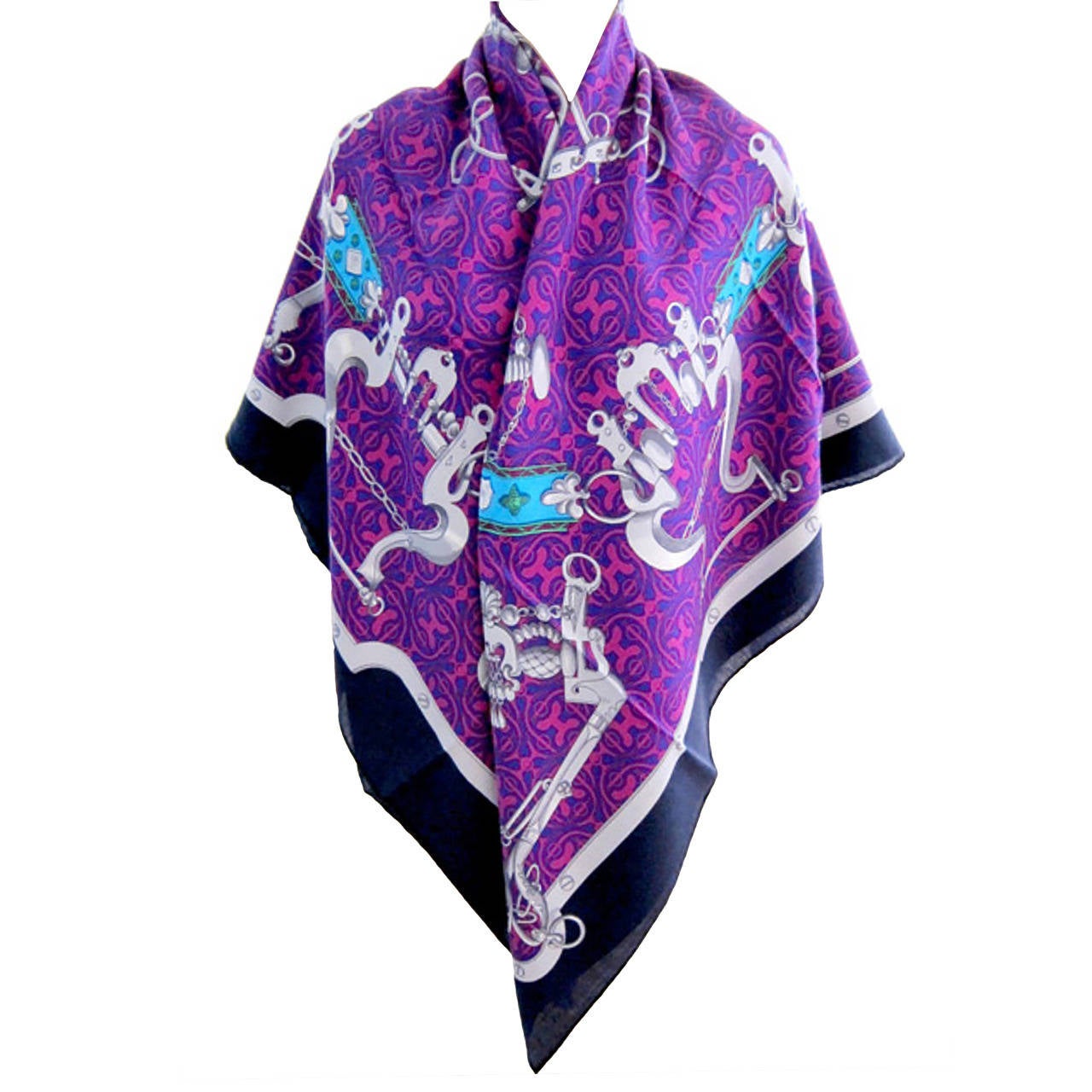 Hermes Mors et Gourmettes Remix Marine Violet Turquoise Cashmere Silk Shawl GM