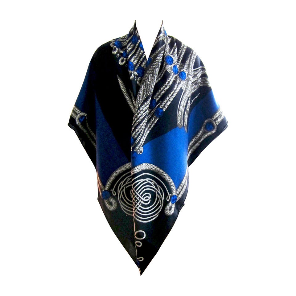 Hermes Brandebourgs Black Blue Cashmere Silk Shawl GM 140cm Amaze