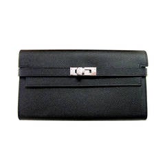 Hermes Black Epsom Kelly Long Leather Wallet Clutch Palladium PHW Most Requested