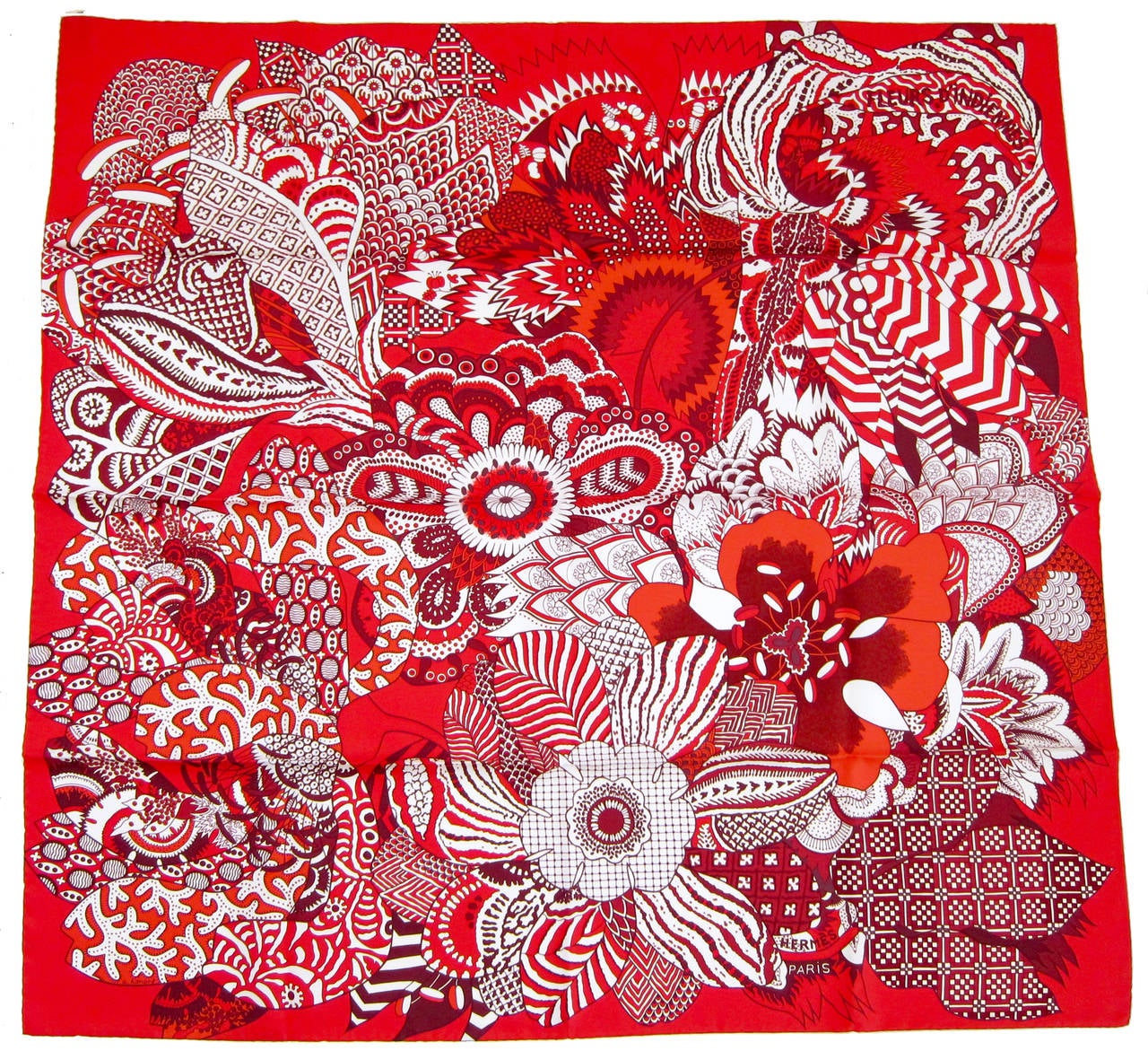 Hermes Fleurs d'Indiennes Aline Honore Red Silk Scarf 90cm RARE NEW! 1