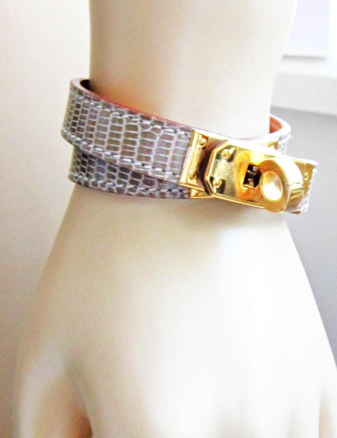 Hermes Ficelle Lizard Niloticus Kelly Double Tour Gold Bracelet Impeccable