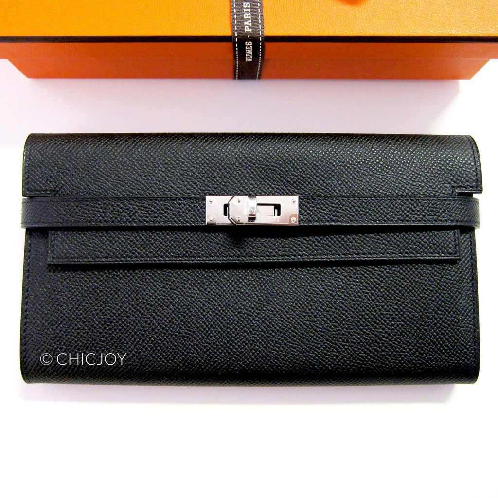 Hermes Black Epsom Kelly Long Wallet PHW Most Requested In New Condition In New York, NY