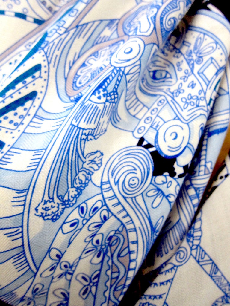 Women's or Men's Hermes Le Songe De La Licorne Cashmere Silk Shawl Scarf White Blue Grail