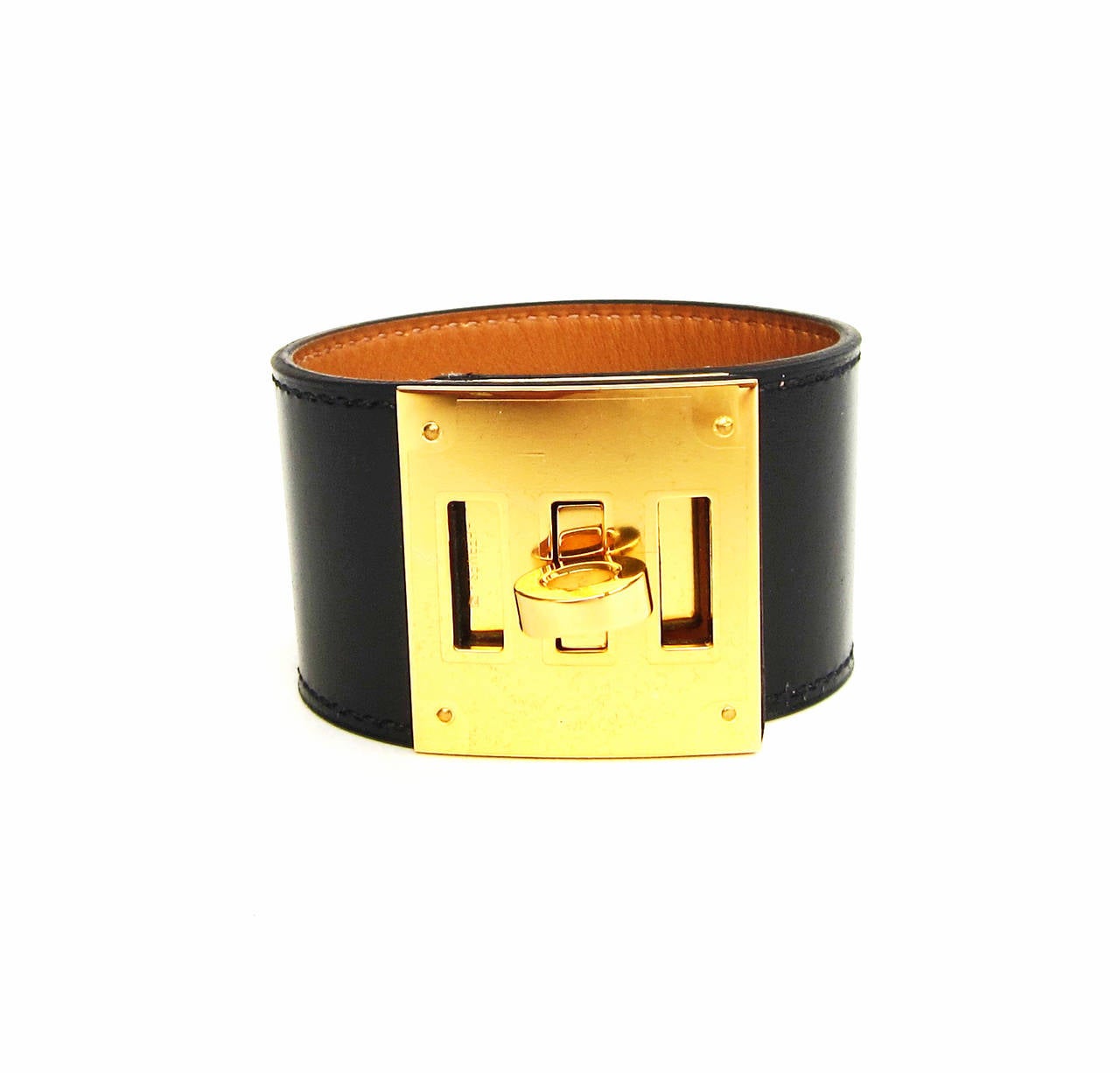 Hermes Black Box Leather Kelly Dog Gold Hardware Cuff Bracelet
