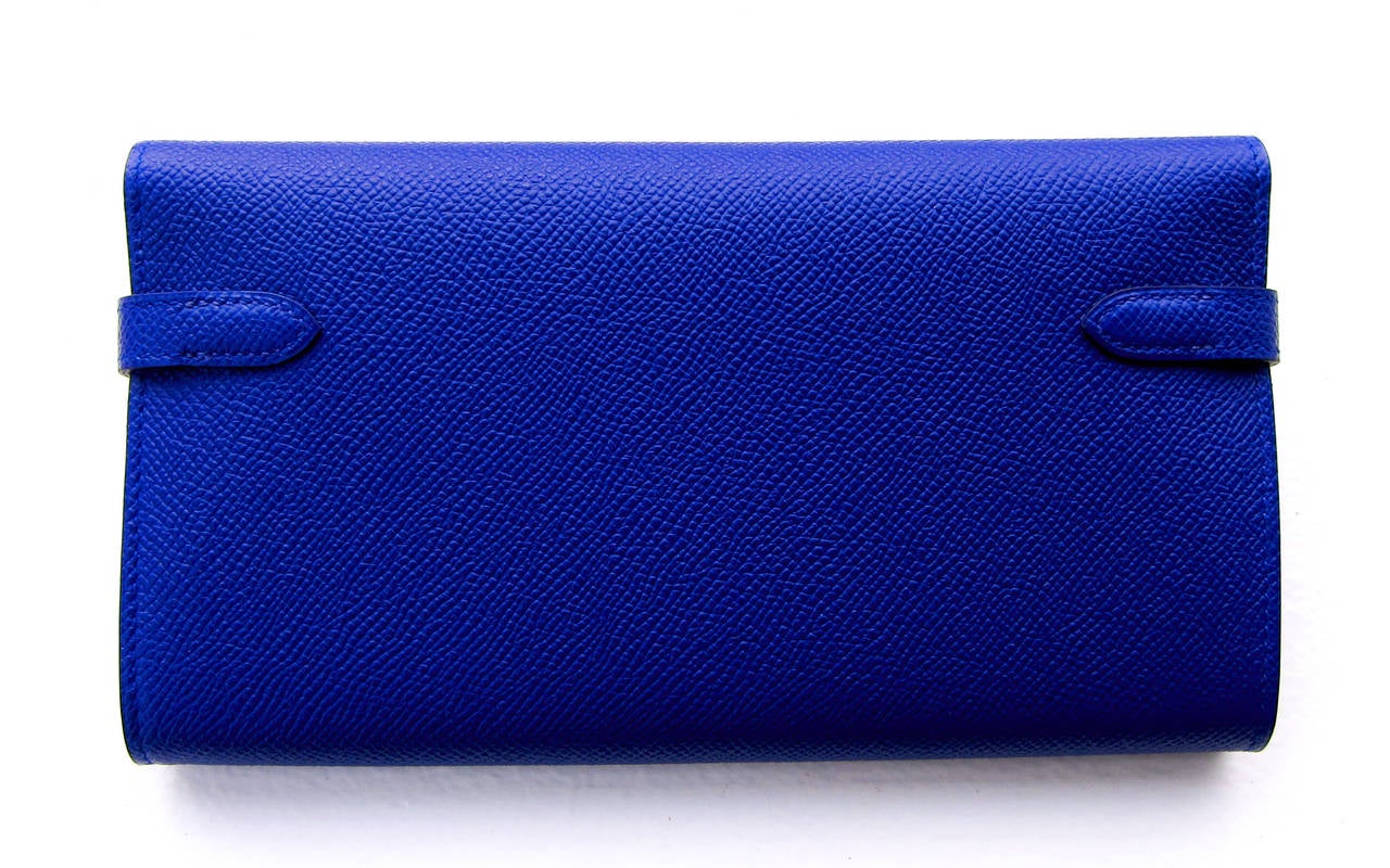 Hermes Blue Electric Epsom Kelly Long Wallet PHW Adore In New Condition In New York, NY