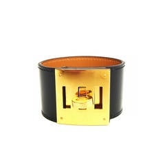 Hermes Black Box Leather Kelly Dog Gold Hardware Cuff Bracelet