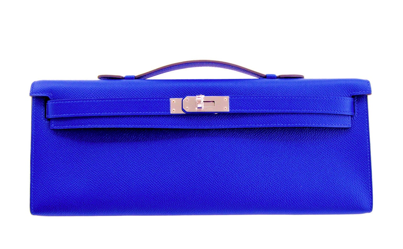 Hermes Blue Electric Epsom Kelly Cut Pochette Clutch Bag Fabulous In New Condition In New York, NY
