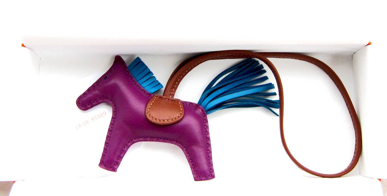Women's or Men's Hermes Rodeo Bag Charm Anemone Blue Izmir Fauve PM Small for Birkin Kelly