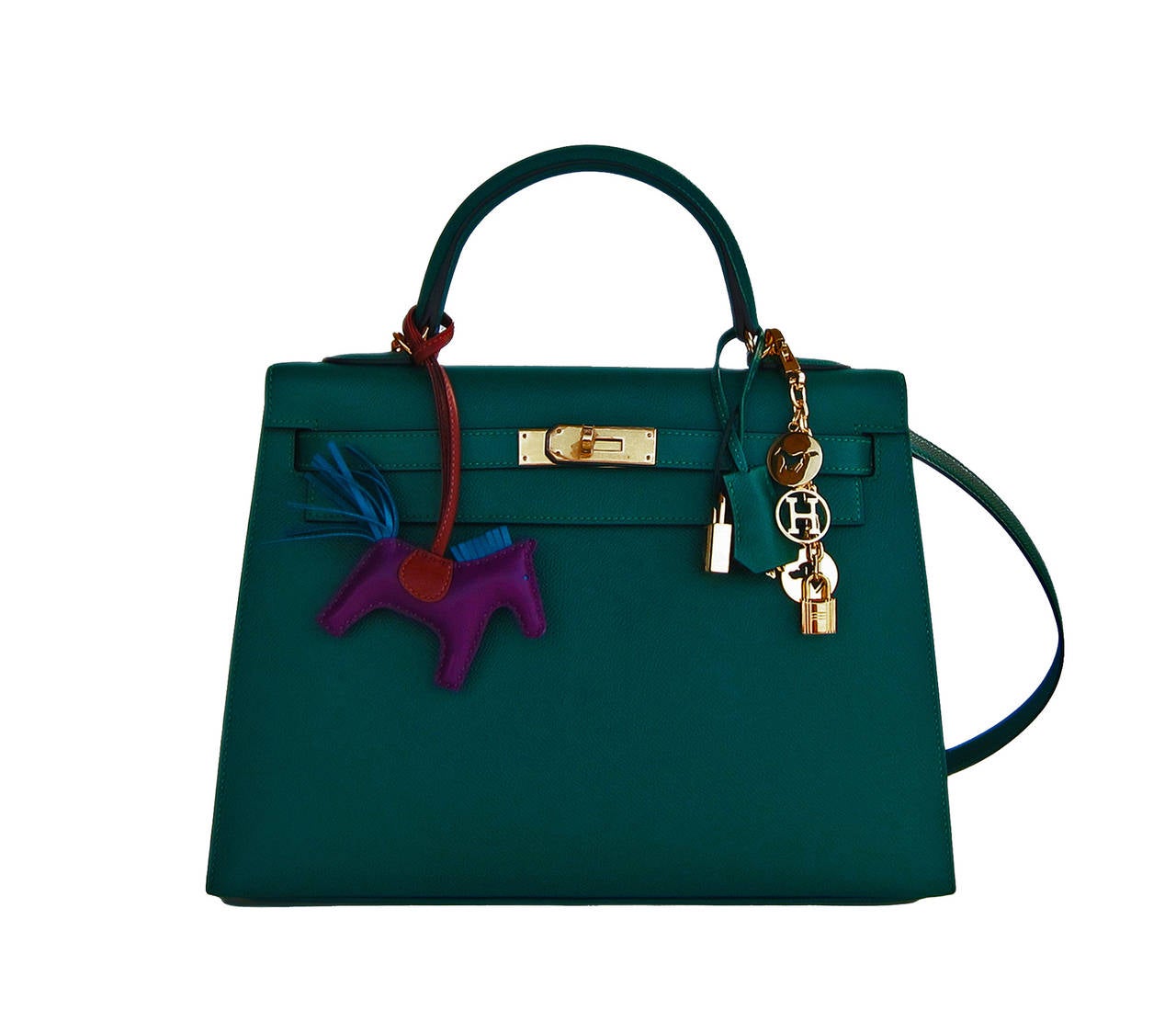 Celeb Fave Hermes 32cm Malachite Gold Sellier GHW Emerald Epsom Kelly In New Condition In New York, NY