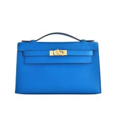 Hermes Blue Izmir Gold Kelly Pochette Epsom GHW Clutch Cut Bag Insane
