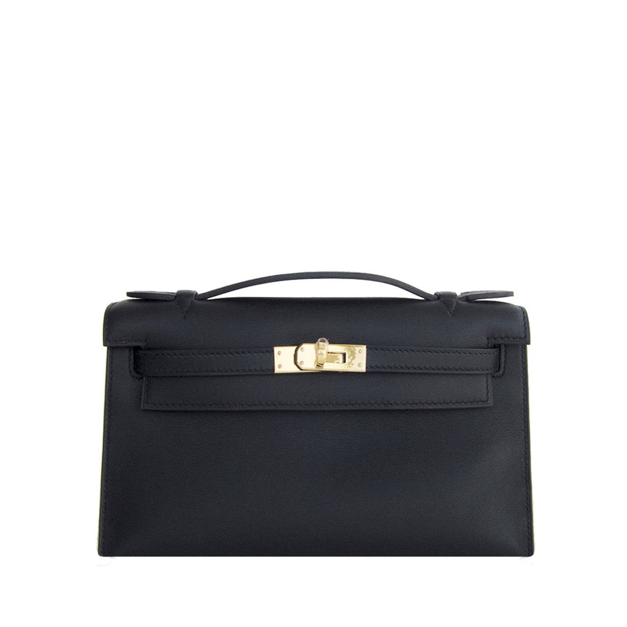 Fashionista Fave Hermes Black Gold Swift Kelly Pochette Cut Clutch Bag