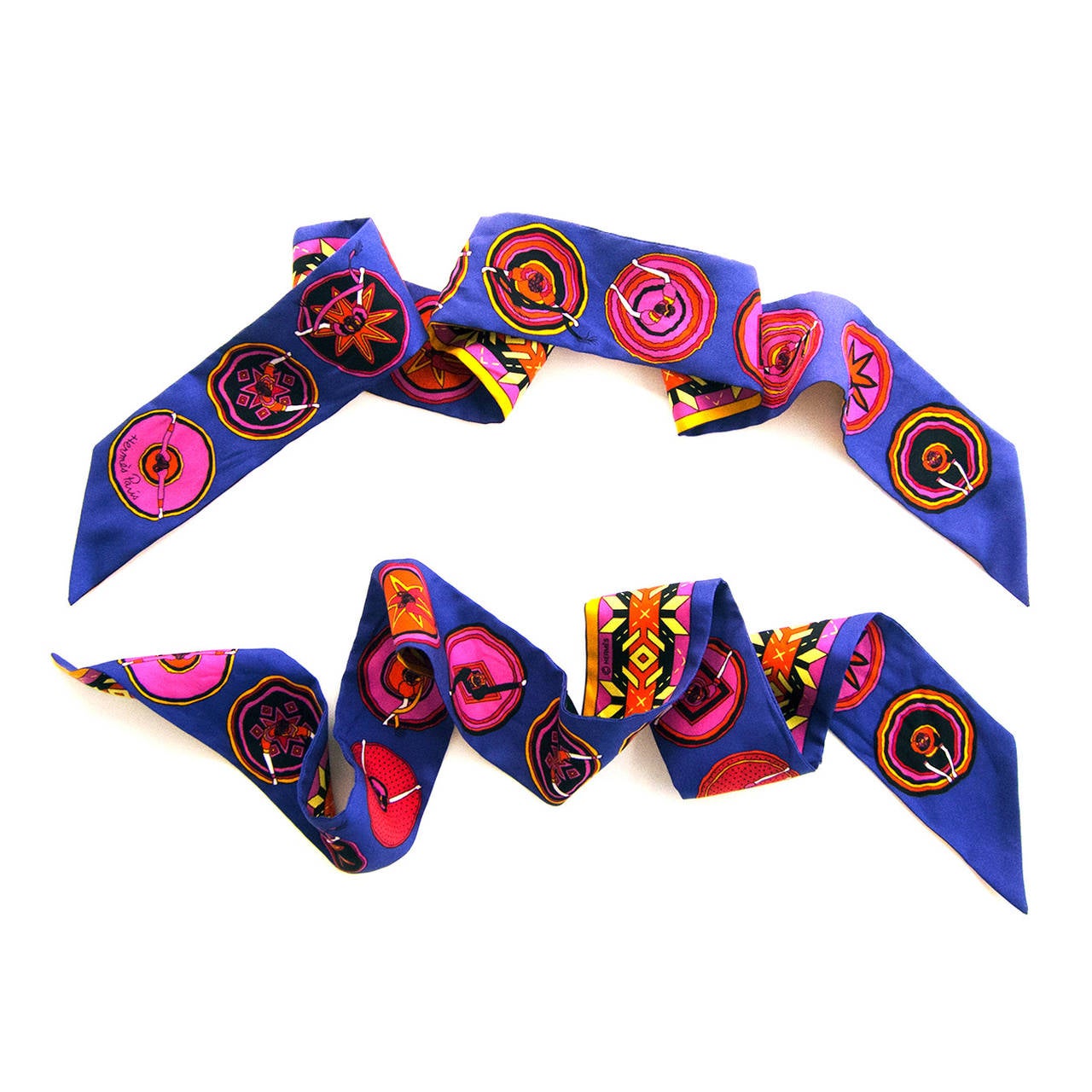 Hermes Belles du Mexique Twillies Pair Twilly Purple Pink Grail

Designed by Virginie Jamin
This comes from a painting by Jamin of Mexican dancers with their colorful skirts swirling below the parts in their hair
These gorgeous twillies are in