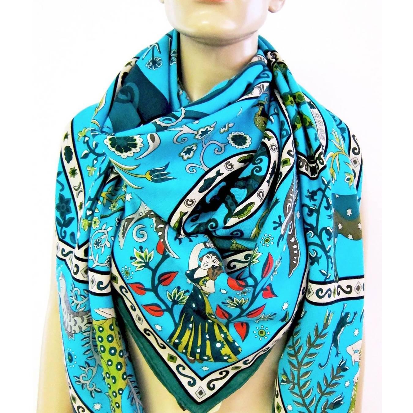 Hermes Turquoise Vert Peuple Du Vent Cashmere Silk GM Shawl Scarf Superb Rare 4