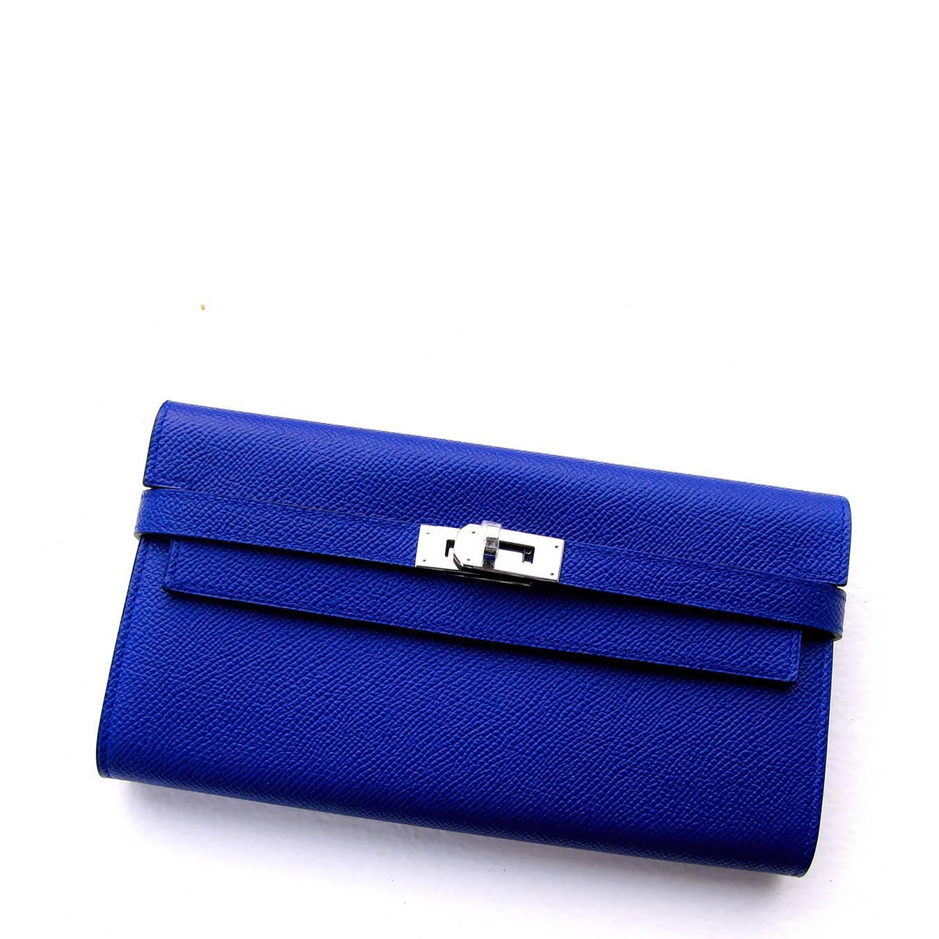 Hermes Blue Electric Epsom Kelly Long Wallet PHW Adore For Sale at ...  