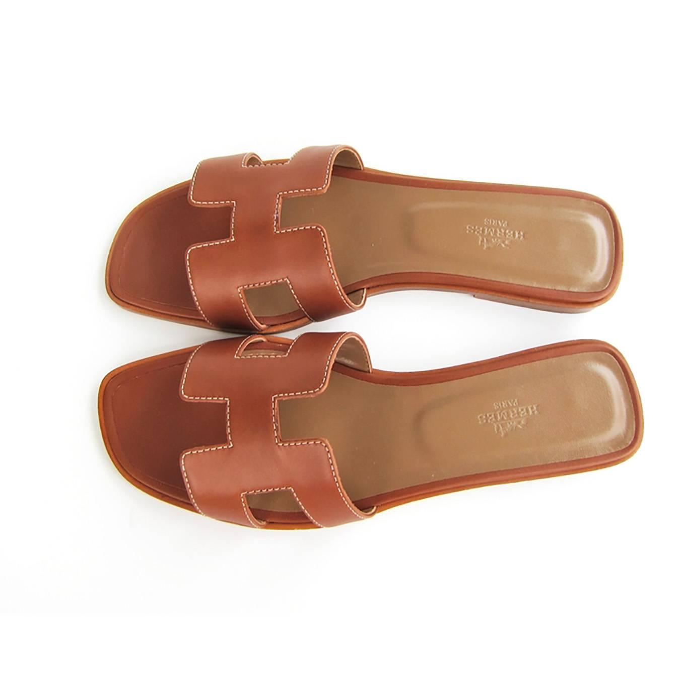 Hermes Gold Oran Box Leather Sandals Shoes Size 40 or 3.9 Iconic at 1stdibs
