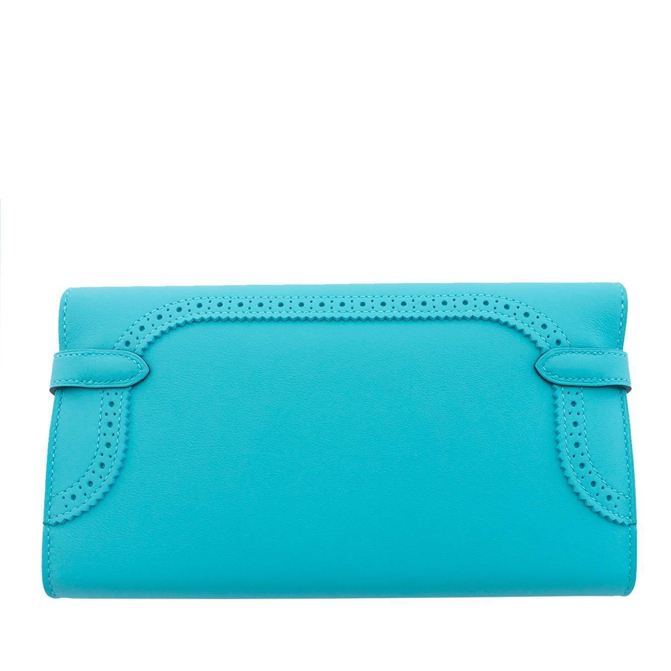 Store fresh.  Pristine condition.
Perfect gift!  Comes full set with Hermes box and ribbon.
Extremely limited edition kelly wallet in Ghillies design featuring spectator trim.
Set with palladium hardware against Blue Atoll, a delicately pretty