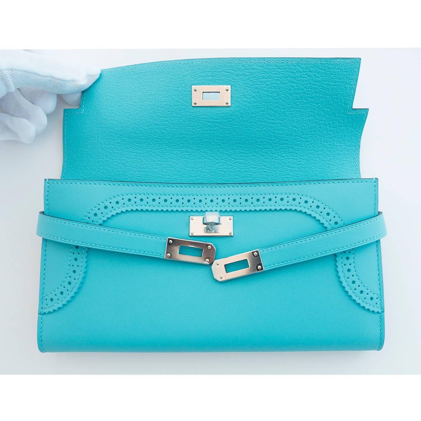 Hermes Limited Edition Blue Atoll Ghillies Swift Kelly Wallet Clutch Bag Rare In New Condition In New York, NY